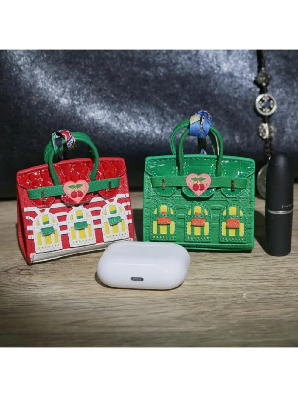 Stylish 2-Piece Mini Tote Bag Charms & Coin Purse Wallet Set - Red & Green